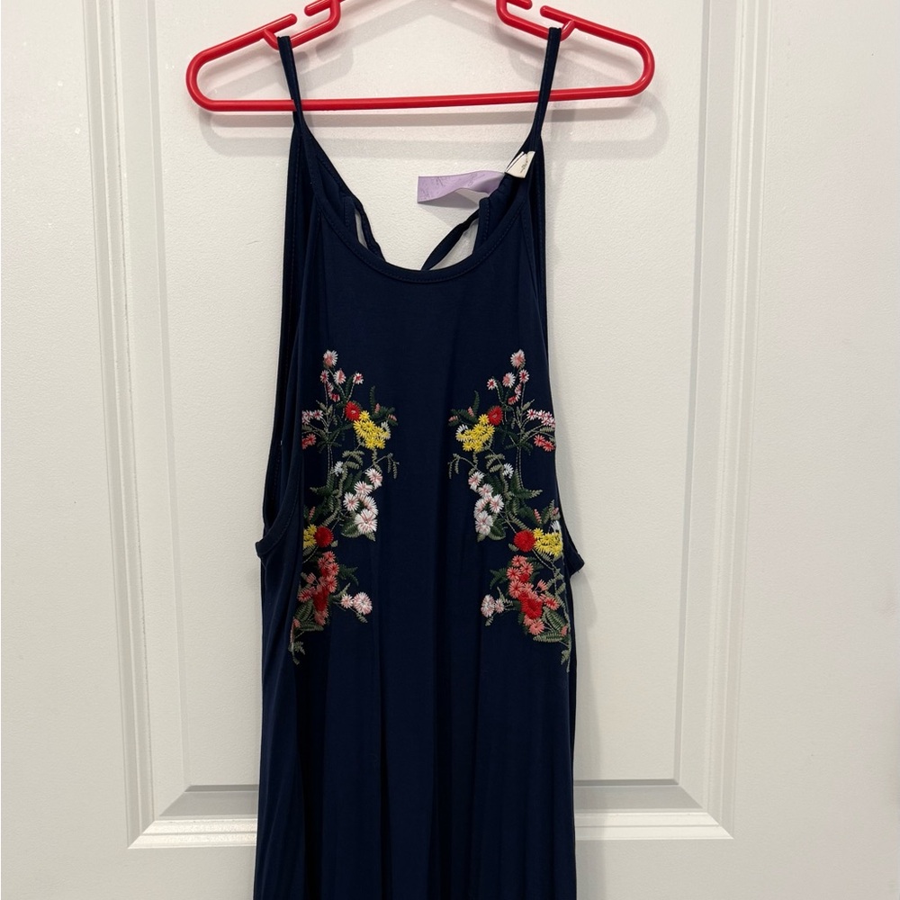 Alya Navy Maxi Dress with Floral Embroidery